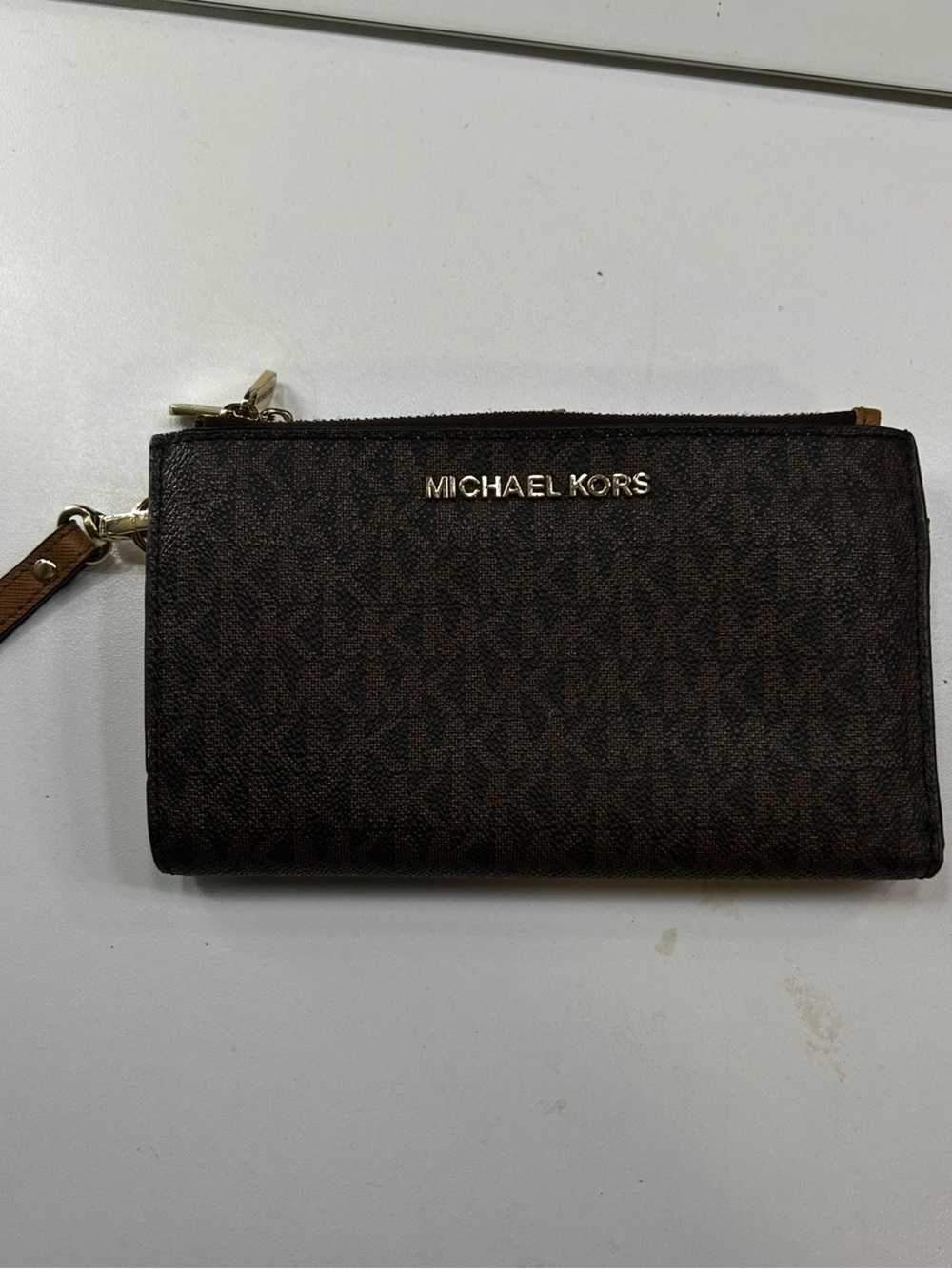 Michael Kors Dark Brown Logo Zip Wristlet with Gold Hardware